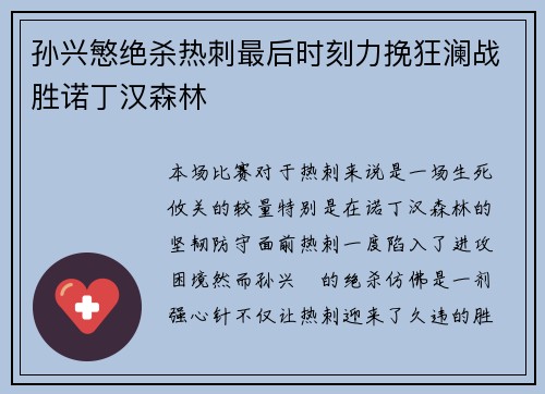孙兴慜绝杀热刺最后时刻力挽狂澜战胜诺丁汉森林 孙兴慜绝杀热刺最后时刻力挽狂澜战胜诺丁汉森林